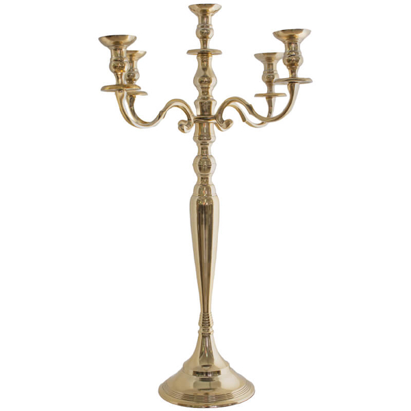 Five arm Candelabra - Gold-70cm - <p style='text-align: center;'>R 85</p>